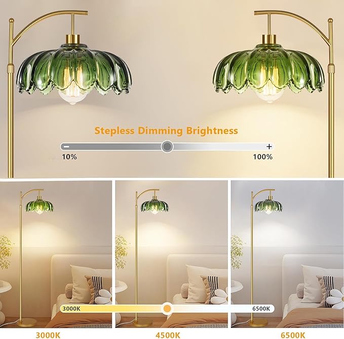 Gold Floor Lamps for Living Room,Glass Floor Lamp with Remote Control & Green Lampshade,Arc Flower Lamp Dimmable Mid Century Modern Standing Lamp Vintage Brass Tall Floor Lamp For Bedroom Corner