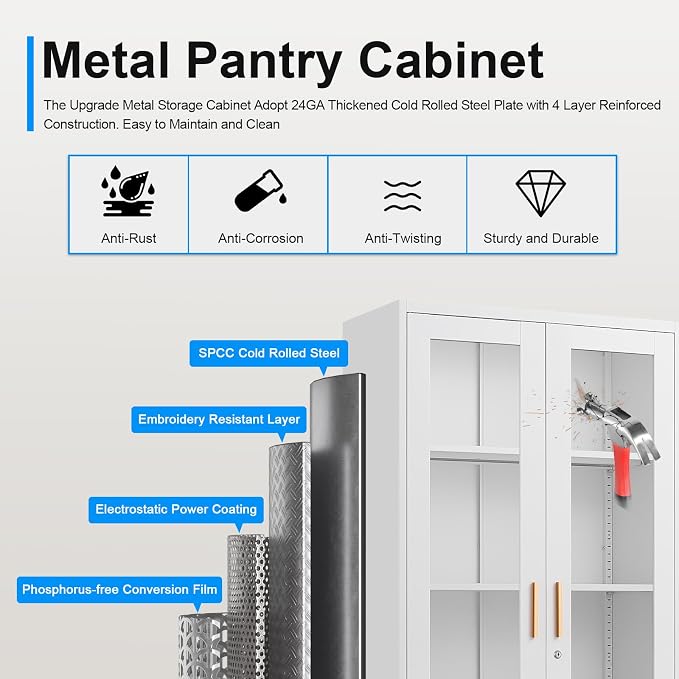 Polup 71" White Metal Glass Display Cabinet with Security Lock | 5-Tier Curio Case & Tempered Doors, 4 Adjustable Shelves, Heavy-Duty China Storage for Living Room, School & Commercial