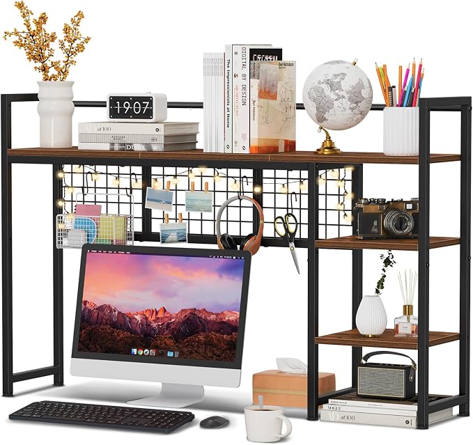 Snughome Desk Shelf, 44.9" Desktop Organizer Shelf, Desk Hutch for Computer Monitor, 4 Tier Desk Display Rack with Pegboard Hooks Set, Wood Desktop Bookshelf for Home Office Dorm