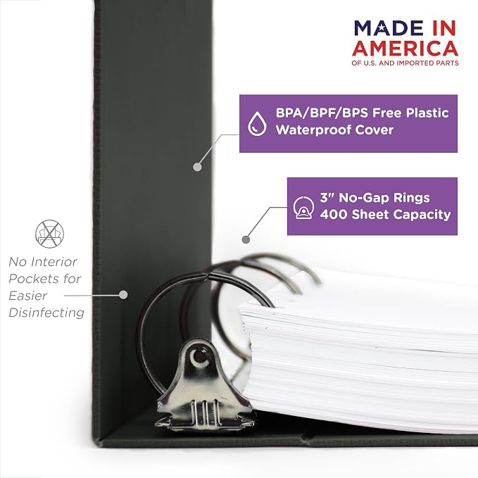 Carstens 3-Inch Heavy Duty 3-Ring Binder - Side Opening, Charcoal Gray, Durable Plastic, Precision No-Gap Rings, Waterproof Cover, No Pockets, Holds 400 Letter Sheets, BPA-Free, Made in USA (1739-3R)