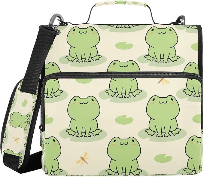 Personalized Cute Frog 3 D-Ring Binder Bag Zipper Organizer | Multi-Pocket with Handle and Detachable Shoulder Strap Holds 500 Sheets for School Office Supplies