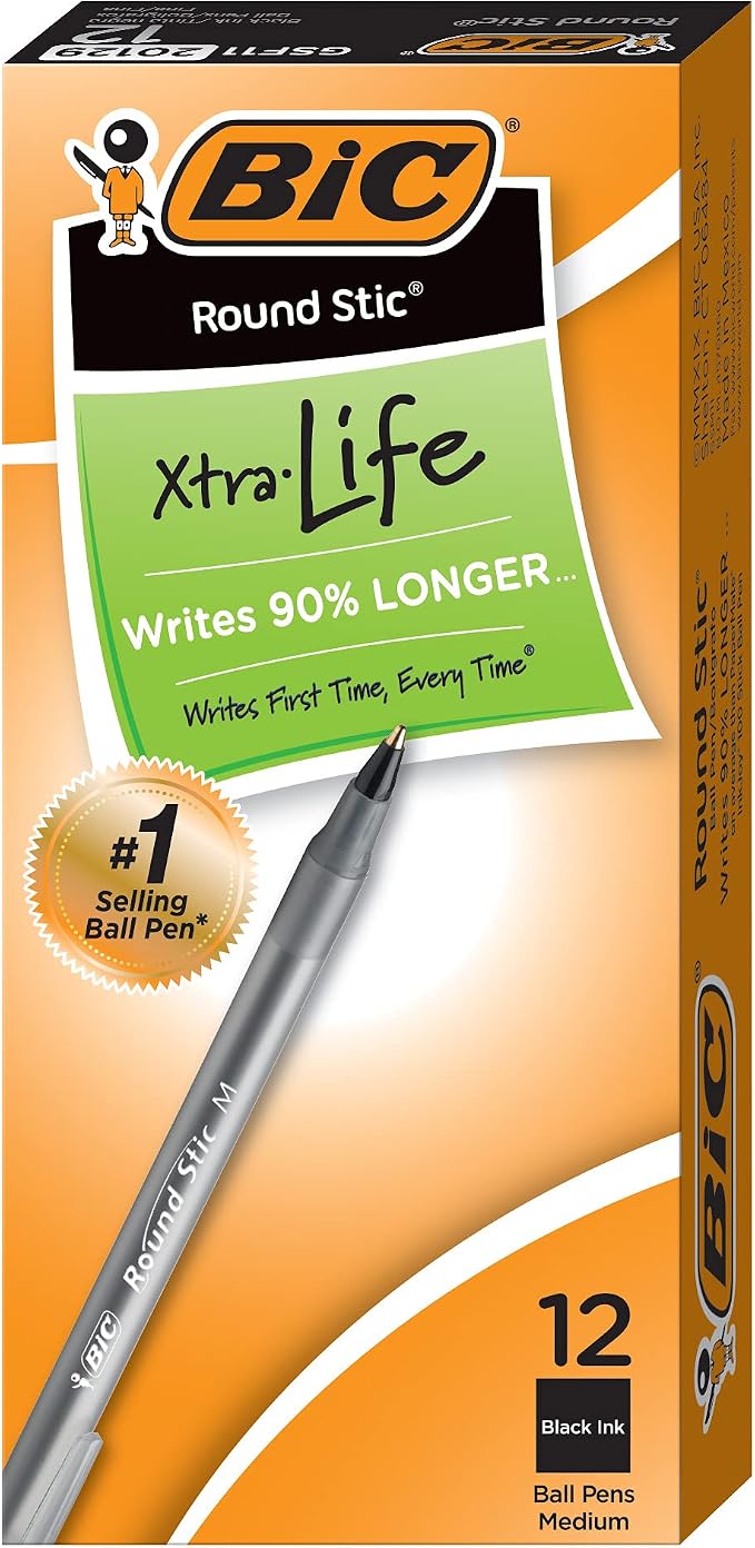 BIC Round Stic Xtra Life Ballpoint Pen, Medium Point (1.0mm), Black, Flexible Round Barrel For Writing Comfort, 12-Count (Pack of 36, 432 Count Total)