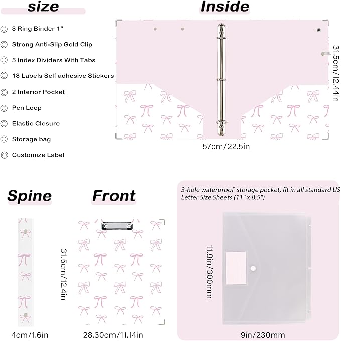 3 Ring Binder 1 inch with Clipboard - White & Pink Bow Design, Includes Dividers, File Bag & Spine Label - Classic and Elegant for School or Work, Holographic Waterproof Film