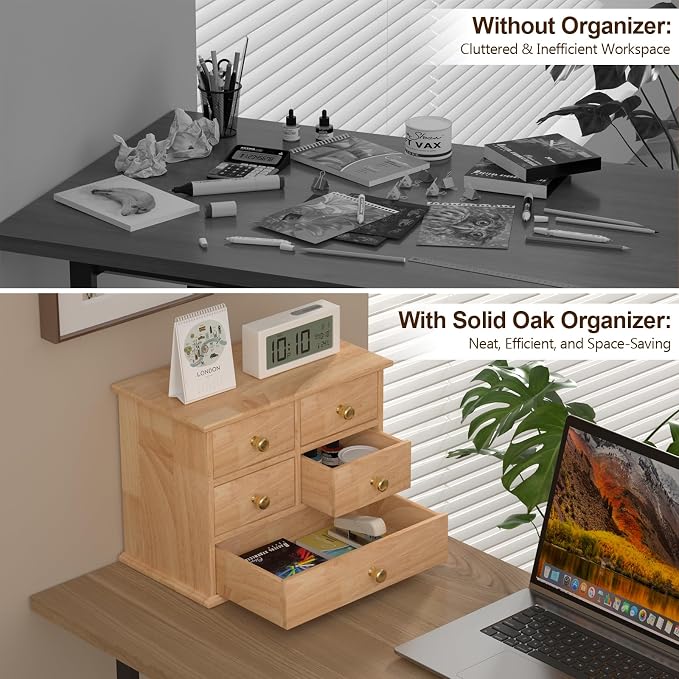 Oak Desk Organizer with Drawers, Durable Wooden Desktop Storage Box | 5 Drawer Tabletop Organizer with Metal Handles & Non-Slip Pads for Office, Bedroom, Bathroom, Vanity, Makeup Storage, Natural