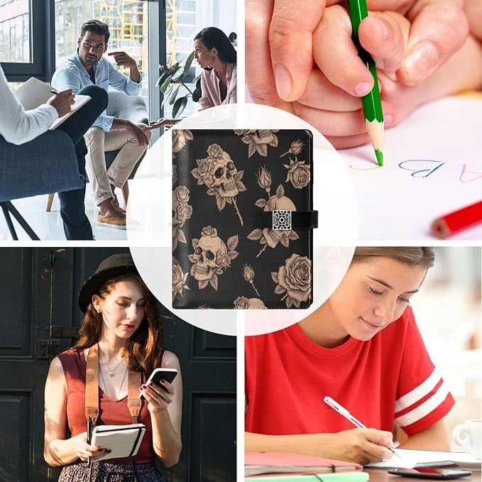 DIGTIA Skull Rose Floral Halloween PU Leather Notebook A5 Binder 6 Ring Refillable Journal with Magnetic Buckle Closure Loose Leaf Travel Office Planner Budget Binder Notepad Portfolio