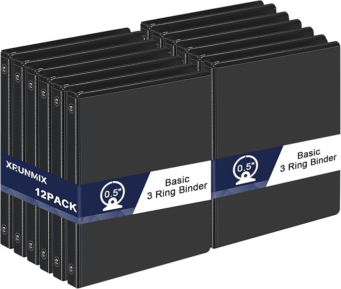 0.5-1-Inch 3-Ring-Binder with Pockets, Basic Binders 1-inch View Round Binders Holds US Letter Size 8.5'' x 11'' - Bundle Packs Perfect for Home, Office, and School (0.5'' - Black -12 Packs)