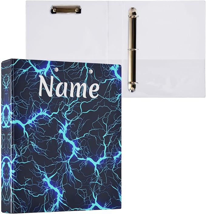 Custom 3 Ring Binder Dark Blue Electric Lightning Pattern 1.5" Round Ring Binders Personalized Name View Binder with 200 Sheet for Kids School Supplies Women Men Office, 1 Pack