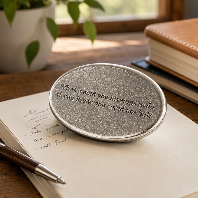 Fine Pewter What Would You Attempt Paperweight | Oval Office Decor | Handcrafted lead-free pewter smooth oval desk weight featuring an engraved quote and stamped brand maker mark