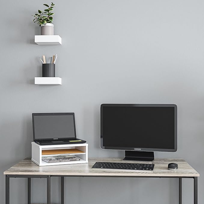 Ballucci File Organizer, 2-Tier Document Paper Sorter, Stackable Wood Desk Organizer Mail Holder, Monitor Stand with Storage Shelves, White