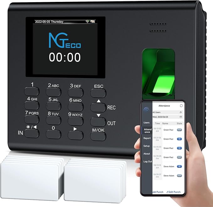 NGTeco APP Time Clock for Small Business, 3-in-1 Mode, 2000mAh Battery | Employee Time Clock with Fingerprint, RFID, PIN Check-in, Flexible Shift Management, 2.4G WiFi, 10 Cards, No Monthly Fee