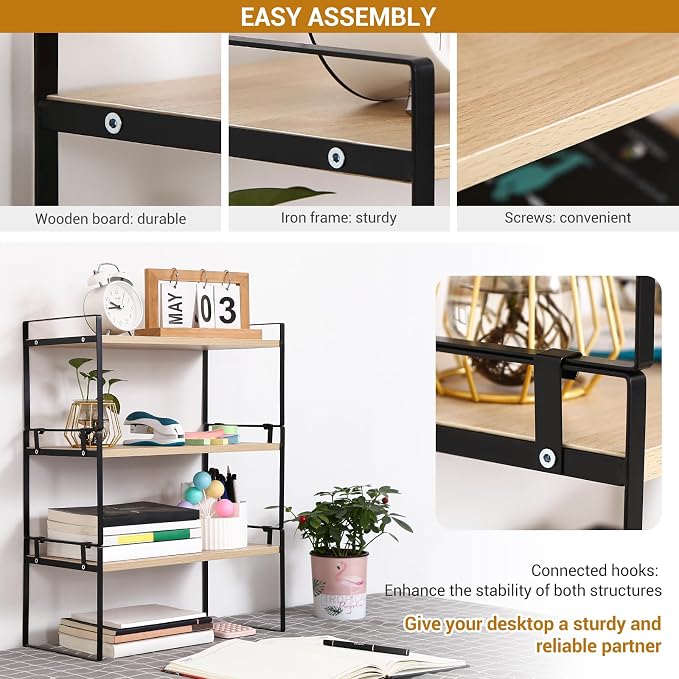 YGYQZ Desk Shelf Organizer for Top of Desk, 3-Tier Desktop Bookshelf, Black & Wood