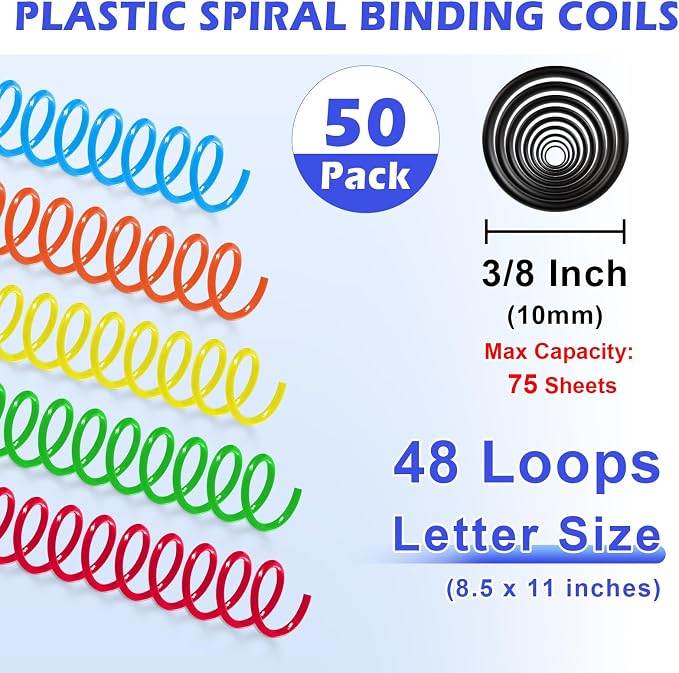 TOTiyea 50 Pack Plastic Spiral Binding Coils,10mm,4:1 Pitch 75 Sheet Capacity | Spiral binding coils,Mix,can be used with letter size (8.5x11") or A4 size paper (8.3x11.7"),bound projects can lay flat