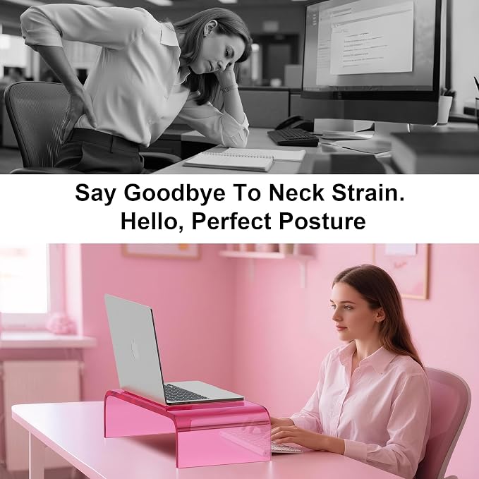 Acrylic Monitor Stand Riser Pink Laptop Stand Riser L15 xW7.5 xH4 | PC Holder,Compatible with All Notebooks and Monitor, Decoration for Office & Home,Pink Aesthetic Design,Office Supplies