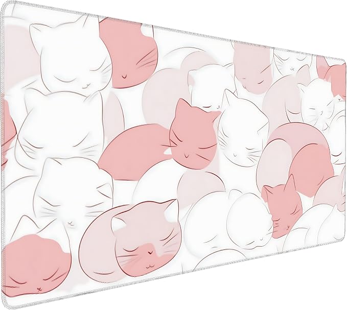 Cute Anime White Cat Gaming Mouse Pad, White Pink Minimalist Desk Mat with Anti-Slip Base & Stitched Edges, Office Supplies & Desk Decor for Women, 35.4" x 15.7" in Home Office Essentials