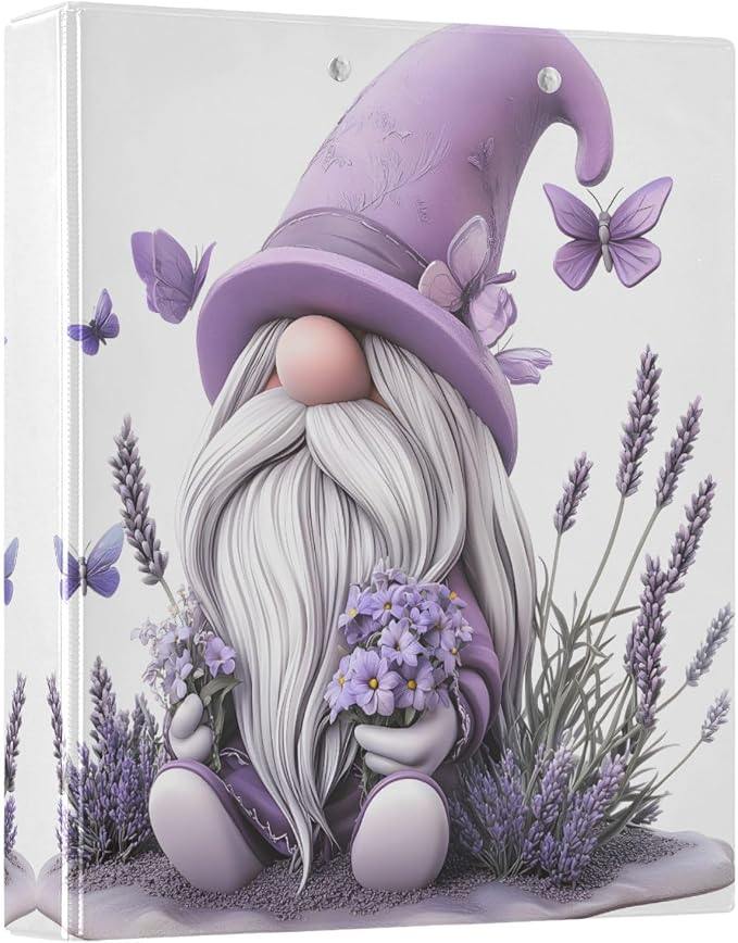 3 Ring Binder Gnome Purple Lavender Butterflies 1.5" Round Ring Binders View Binder with 200 Sheet for Kids School Supplies Women Men Office, 1 Pack