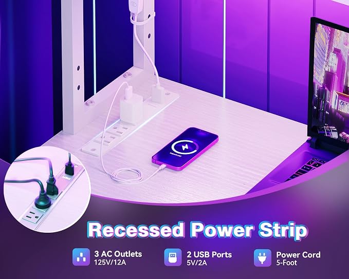 AODK L Shaped Desk Gaming Desk with LED Light & Power Outlet | 53 Inch White Reversible L Shaped Computer Table with Shelf, Corner Desk with Storage Bag&Hook for Home Office Desk