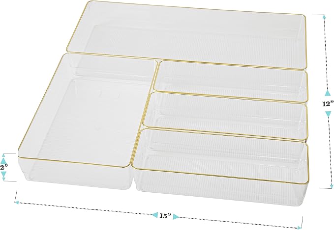 Martha Stewart Kerry Stackable Desk Drawer Organizers, Clear/Gold, 5-Pack | Various Sizes, Gold Trim, Stackable