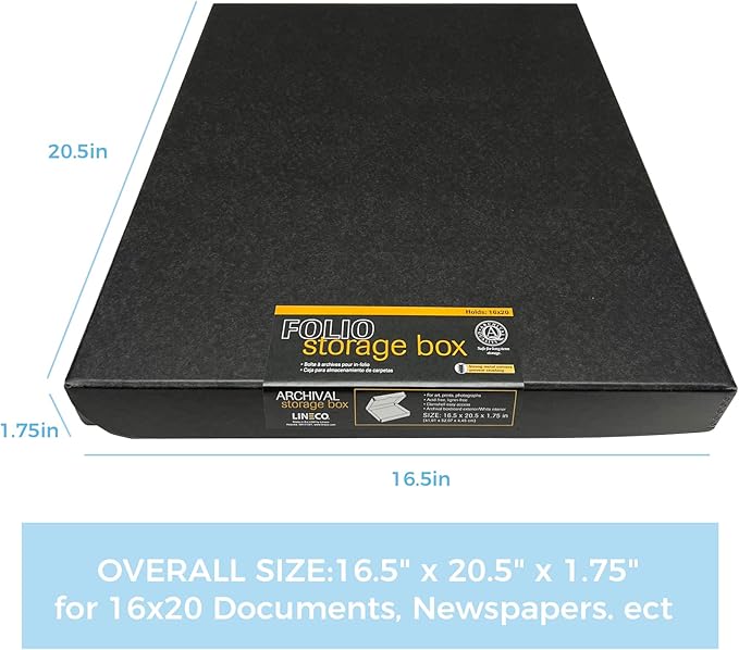 Lineco, Archival Folio Storage Box. Acid-Free, Metal Edge Boxboard, Clamshell Lid. 16 x 20 x 1.75 Inches. Preserves and Organize, Stores Photos, Documents, Craft, Prints, DIY. Black, Pack of 2