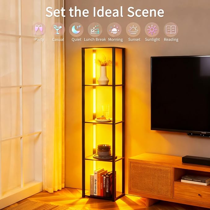 RGBCW Floor Lamp with Shelves, LED Smart Modern Floor Lamp with Music Sync, Color Changing Corner Display Shelf Lamp, Standing Lamp with Shelves for Living Room and Bedroom, Office, Black