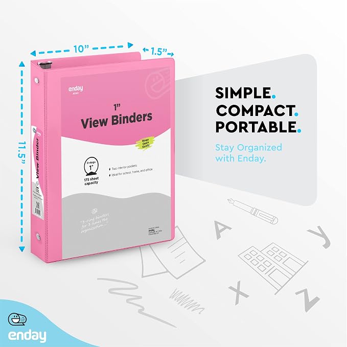 Enday 1 Inch Binder (6 Pack - Pink) 3 Ring Binder 1 inch with Clear View Cover and 2 Inside Pocket - for Letter Size 8.5 x 11'' Paper, Ideal for School Supplies, Office, and Home