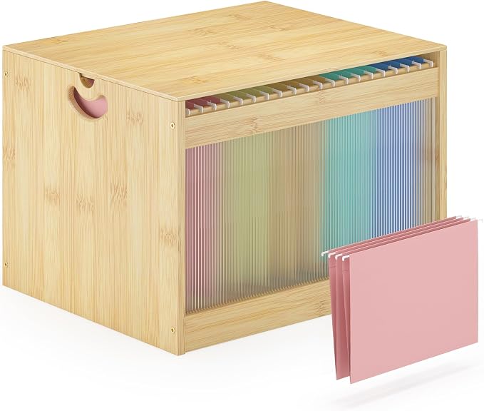 Bamboo Hanging File Box Organizer with Lid, File Folder, Nature, 1 Pack