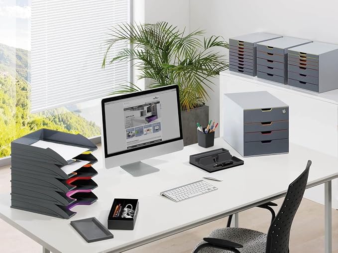 Durable VARICOLOR Gray Letter Tray - Set of 5 Stackable Color Coded Letter Trays - Letter Size Files - Perfect for Storing Documents and Paper Work