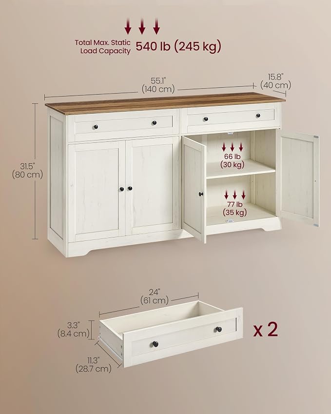 VASAGLE Siren Collection - Buffet Cabinet, Farmhouse Coffee Bar Cabinet with 2 Drawers, Adjustable Shelves, 4 Doors, Sideboard, 15.8 x 55.1 x 31.5 Inches, Rustic White and Honey Brown ULSC541WJ01S