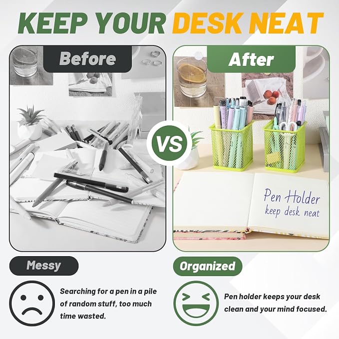 Segarty Pen Cup Holder, 3 Pack Square Light Green Pen Holder for Desk, Cute Mesh Pencil Cups Container Set Desktop Organizer for Office Supplies, School Classroom, Home Storgae and Organization