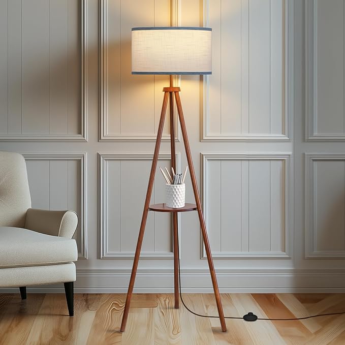 EOEYYOYB Floor Lamps for Living Room, Modern Standing Lamp with Shelf, 3 Color Temperature Led Bulb Tall Lamps with Foot Switch for Bedroom and Office, Walnut