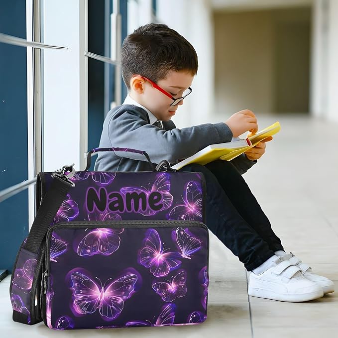 Custom Butterflies Purple Neon 3 Ring Binder Bag 1.5 inch Personalized Name Binder Organizer 500 Sheet Documents Storage for School Office