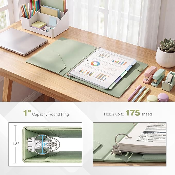 Ospelelf Vintage Hardcover 3 Ring 1 inch Leather Binder, Professional Binder Organizer Suitable for Letter Size, Binder Dividers with Tabs, Light Green