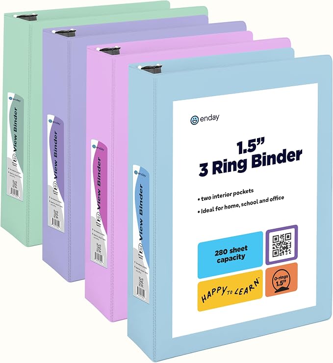 Enday 1.5 Inch Binder - 1.5 Inch 3 Ring Binder, Round Ring Pastel with Clear View Cover for Letter Size 8.5 x 11'' Paper & 2 Inside Pockets, for School Supplies, Office, & Home - 4 Pack