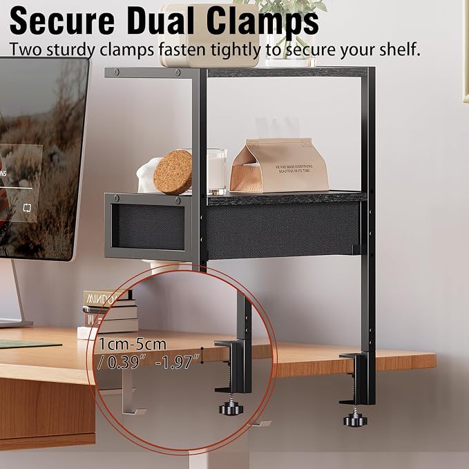 VENNQD Clamp On Desk Shelf, 2-Tier Desktop Organizer, Wood Desktop Supplies Tabletop Book Storage Rack with Adjustable Shelves for Table Working and Gaming Accessories, Black