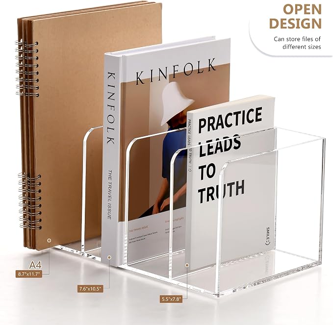YUXUN Clear Acrylic Magazine File Holder, 4 Compartment Desk Organizer | Desk Organizer for Documents, Tablets, Magazines, Books & Accessories, Ideal for Office, Home & Classroom