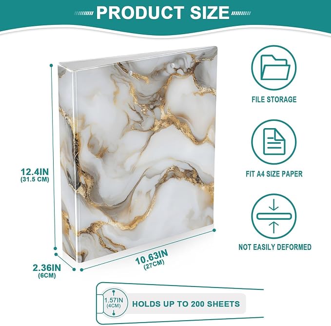 White Marble Gold Pattern 3 Ring Binder 1.5 Inch 2 Pack with 200 Sheet for Kids School Supplies Women Men Office