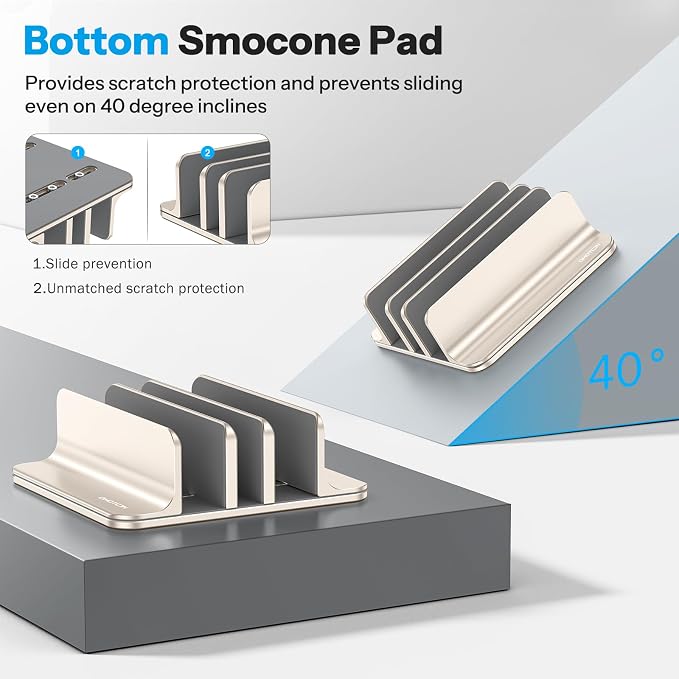 OMOTON 3-Slot Multiple Vertical Laptop Stand, Fits MacBook, Starlight | Adjustable Width 0-1.38", Aluminum Office Space-Saving for Desk, Fits MacBook/Book/iPad Up to 17.3in