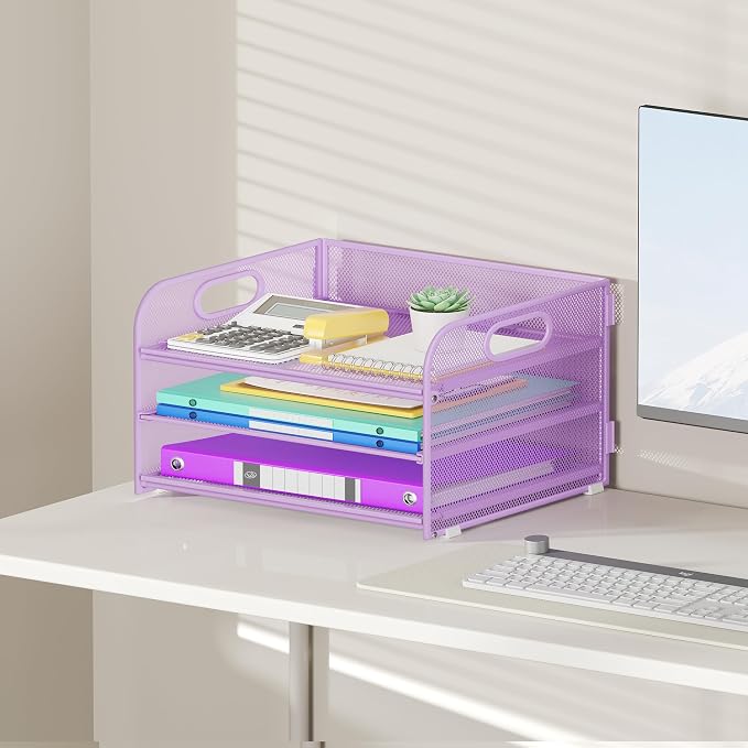 Cawukege 3 Tier Paper Organizer with Handle, Metal Desk Organizer Mesh Paper Letter Tray Desktop File Folder Document Sorter for Classroom, School, Office Accessories Storage (1, Purple)