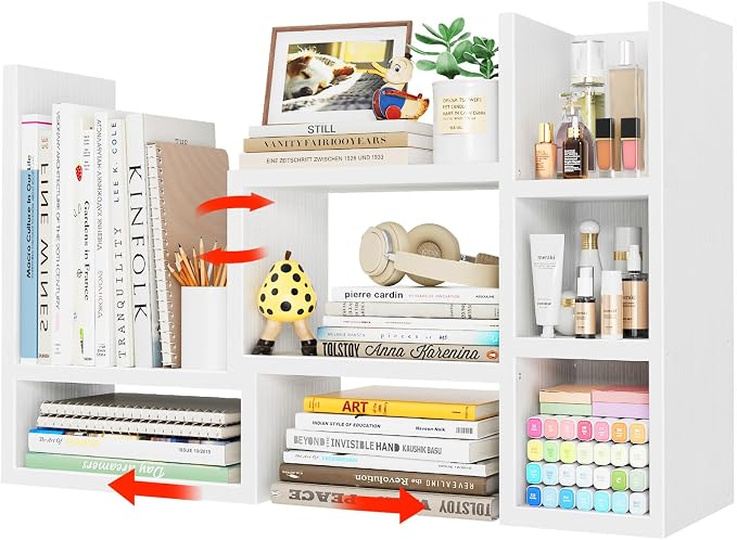 NUTIKAS Desk Shelves Desktop Organizer Shelf - White Office Organization for Top of Desk Organizers and Accessories Corner Bookshelf Table Top Shelving Small Hutch Decorations for Women Office