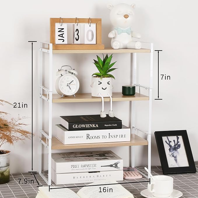 YGYQZ Desk Shelf Organizer for Top of Desk, 3-Tier Desktop Bookshelf, White & Wood
