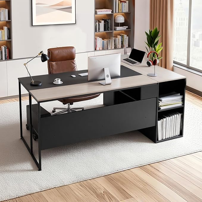 VEVOR 71" L-Shaped Executive Desk, Large Computer Desk with Drawers, File Storage Cabinet, CPU Stand, 350 LBS Load Capacity Corner Table, Easy Assembly, for Work Study