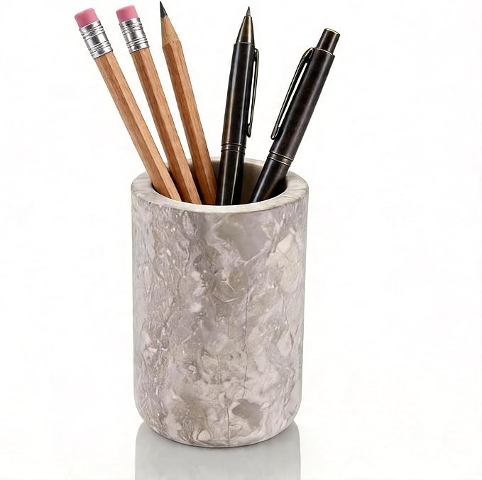 Natural Marble Pen Holder Minimalist Desk Stationery Organizer | Premium natural marble material, Solid heavy-duty,Dual use for stationery & makeup brushes, Stable base,Portable size