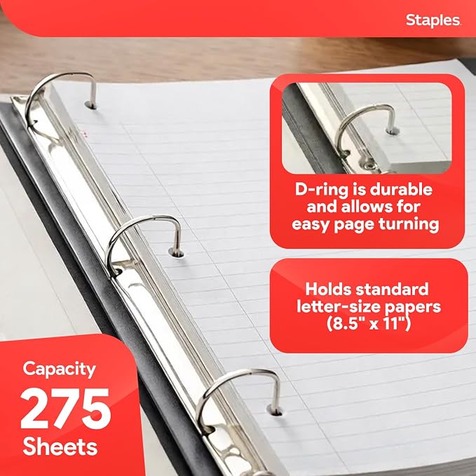Staples Heavy-Duty 1-Inch D-Ring View Binder, White, 275 Sheets | Clear overlay cover for school and office document organization.
