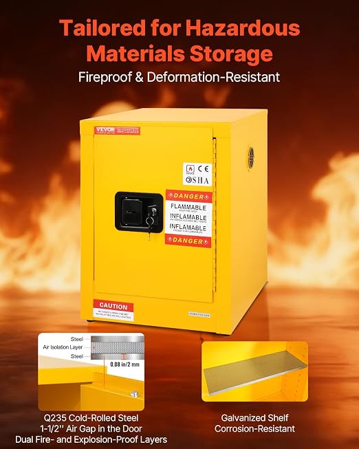 VEVOR Flammable Cabinet 17" x 17" x 22", 12 GalCold-Rolled Steel Flammable Liquid Storage Cabinet, Explosion Proof with 1 Adjustable Shelf 1 Door for Commercial Industrial Use, Yellow