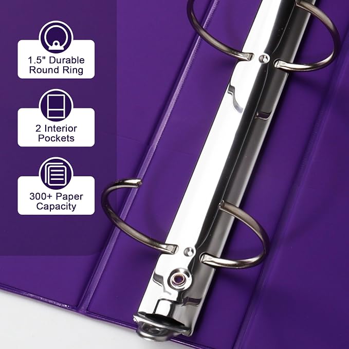 CIXILDTS 1.5-inch Round Ring Binder, Durable 1-1/2" 3 Ring Binder Fit Letter Size Paper, Purple, 6-Pack