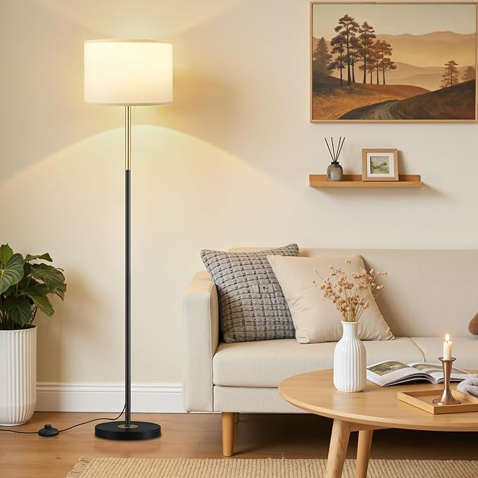 60'' Modern Floor Lamp with Shade, Tall Lamps for Living Room, Bedroom, Office, Dining Room, Gold & Black Lamp Pole(Without Bulb)