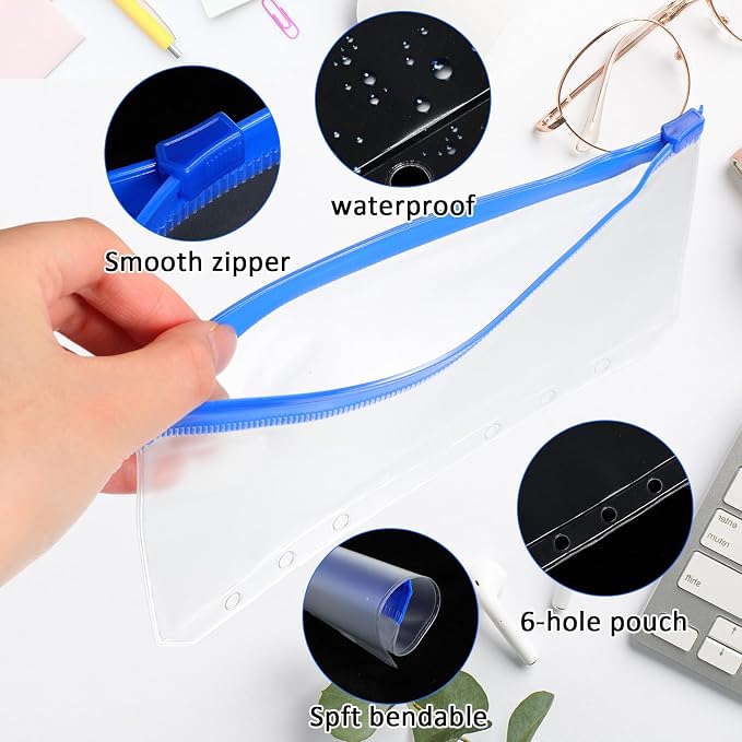 Gersoniel 40 Pieces 6 Ring Binder Zipper Pouch, 6 Hole Binder Pockets with Zipper Bulk Folders A6 Plastic Pouch Colorful Loose Leaf Bags Waterproof PVC Document Filing Bag