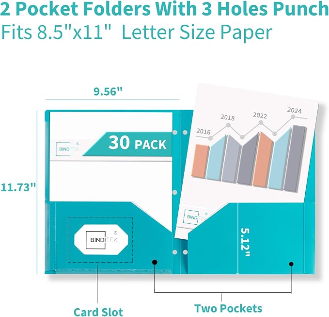 Heavy Duty Plastic Folders with Clear Front Pockets with 3 Holes, 30 Pack | Letter Size, 2 Pocket Folder for 3 Ring Binder, Card Slot, Back to School, Office & Home Organization