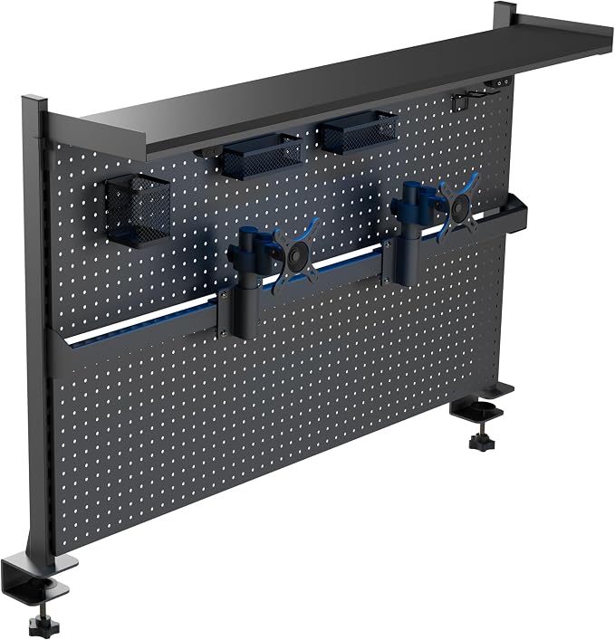 EUREKA ERGONOMIC Desk Pegboard Dual Monitor Stand 59x34 Black | Large steel pegboard with dual monitor stands, LED lighting, privacy panel and modular accessories for gaming desks