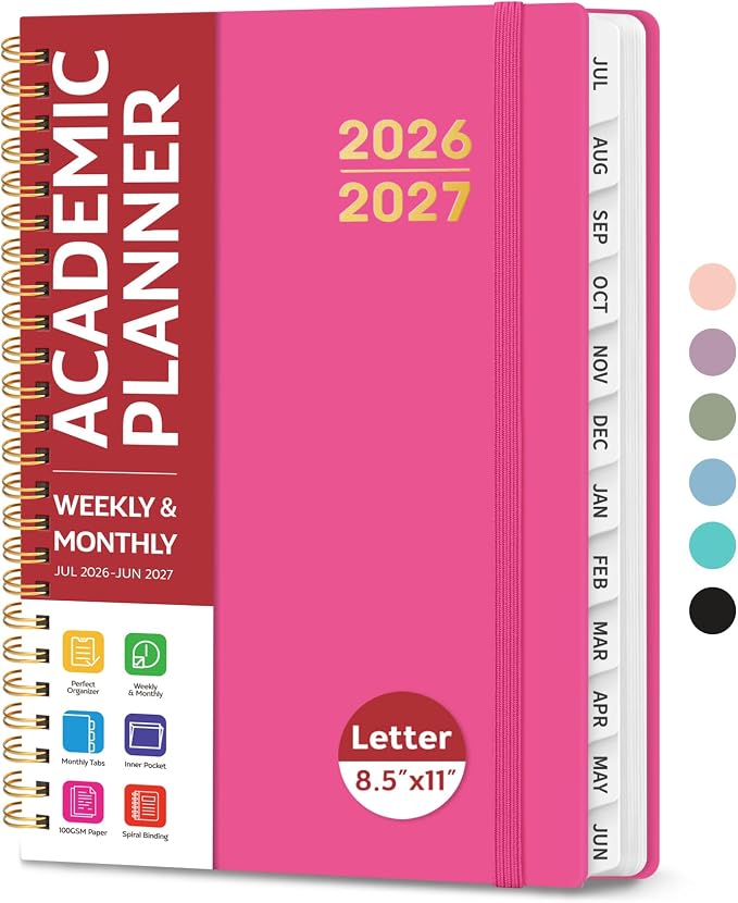 Taja Planner 2026-2027, Jul 2026-Jun 2027 Monthly & Weekly Calendar Book | 8.5" x 11", Hardcover Academic Calendar with Tabs, Teacher Student Agenda Book for School Office Supplies - Berry Pink