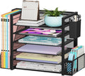 Simple Trending 6 Tier Metal Desk File Organizer with 2 Pen Holders, Black | 18"L x 9"W x 13"H, 6 Trays + Side file holder + 2 pen holders, sturdy metal frame, non-slip base, easy assembly, 24h support.